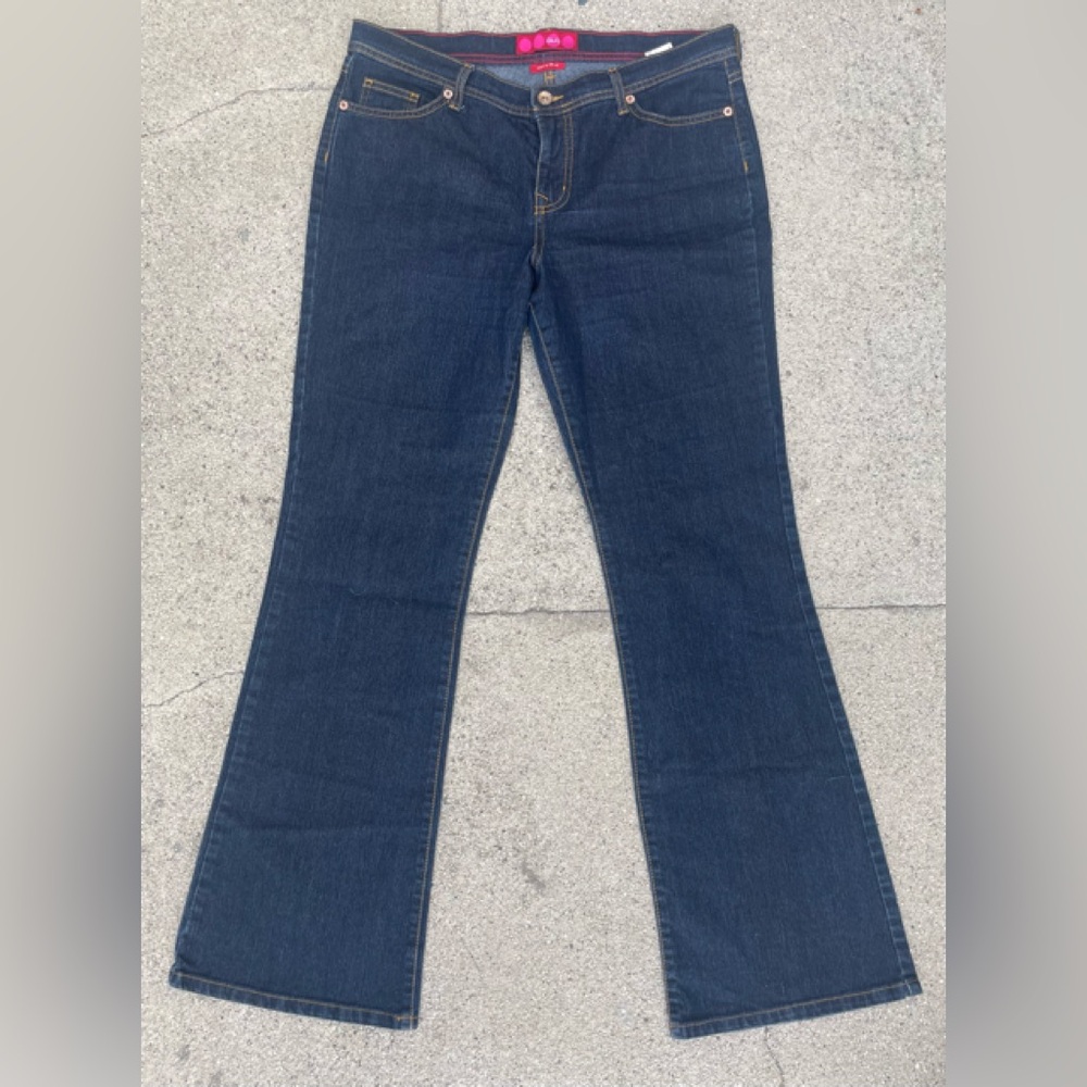 GLO DARK WASH LOW RISE LEG FLARE DENIM JEAN SZ 13 JUNIOR LONG COTTON BLEND